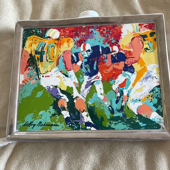 RARE LEROY NEIMAN Satinwood Ceramic Whisky Bottle with Football Painting